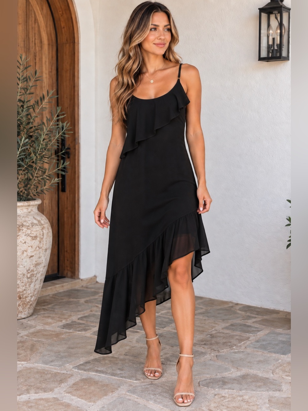 Eyeshadow Black Asymmetrical Ruffle Slip Dress